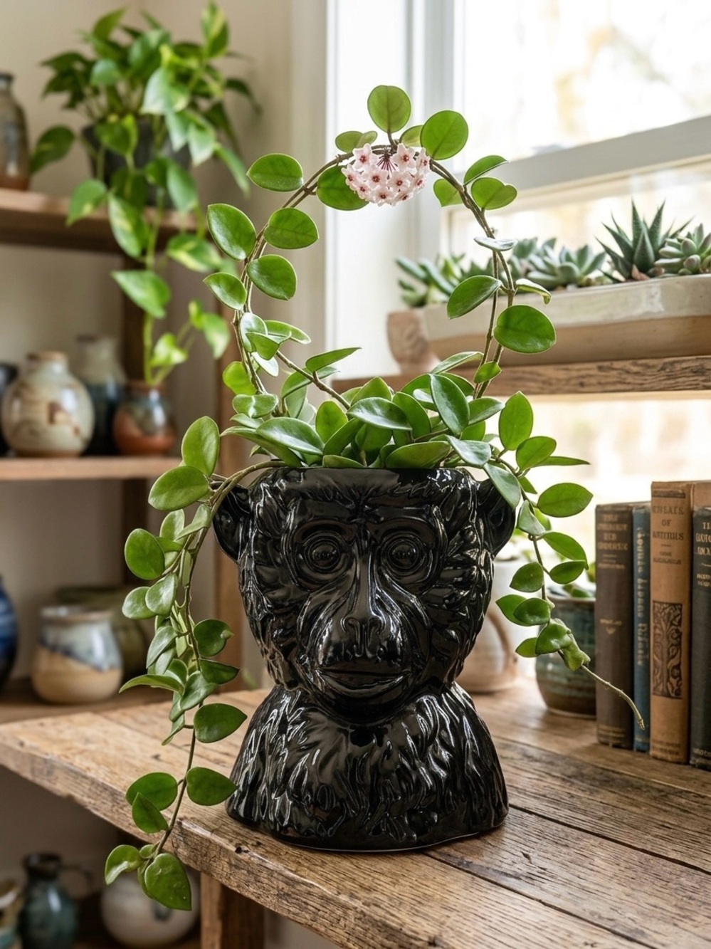 Black Ceramic Monkey Planter Pot with Drainage, Unique Monkey Head Vase